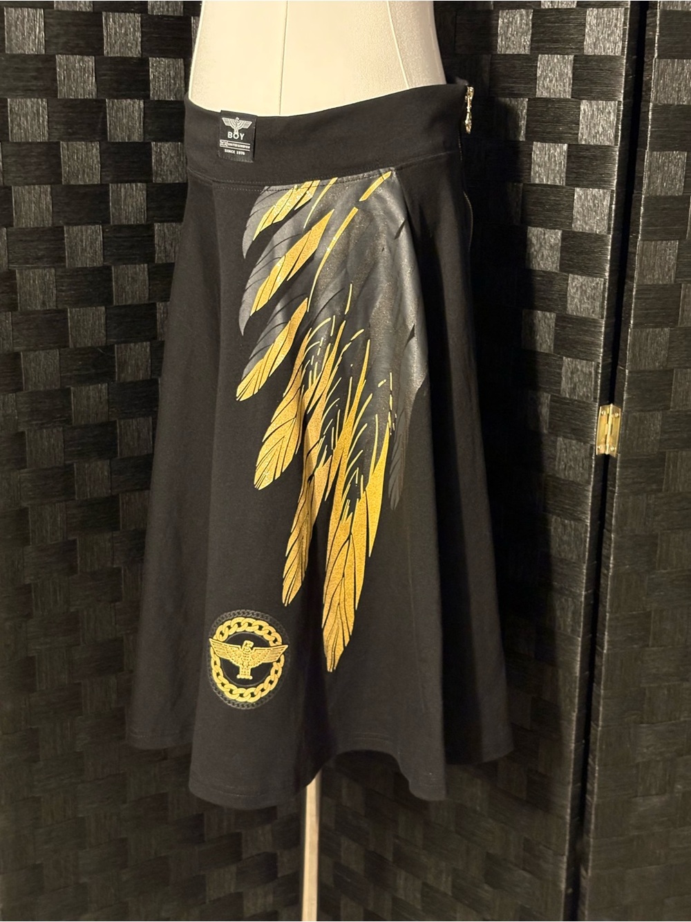 Boy London Black Flared Skater Skirt Gold Eagle Wing Streetwear Punk Goth M